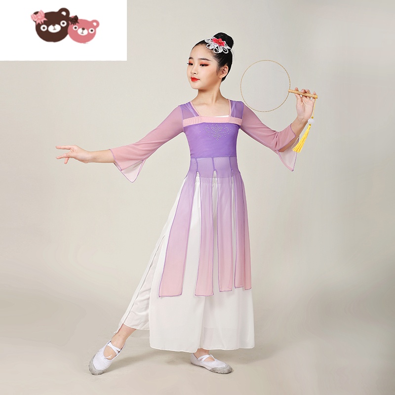 绿彩虹光儿童古典舞演出服中国童古风扇子舞表演服现代练功服飘逸纱衣