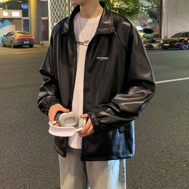 唐狮外套男夹克外套男男装皮衣外套男翻领前胸口袋皮衣短夹克外套
