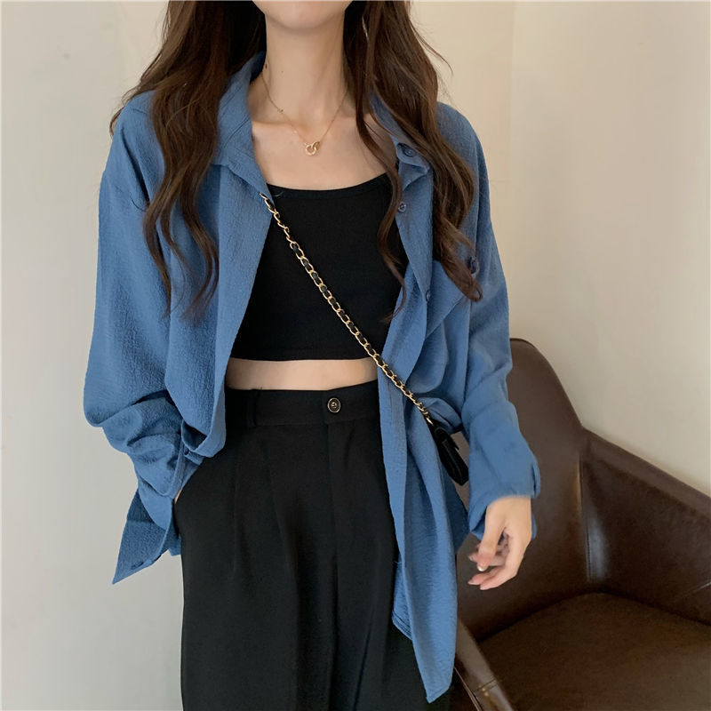 长袖外套蓝色衬衫女外穿百搭2020秋新款设计感小众衬衣上衣ins潮