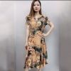 妈妈装夏装改良旗袍连衣裙2022新款百搭显瘦中老年女装洋气A字裙 黄色 XL 建议90-110斤