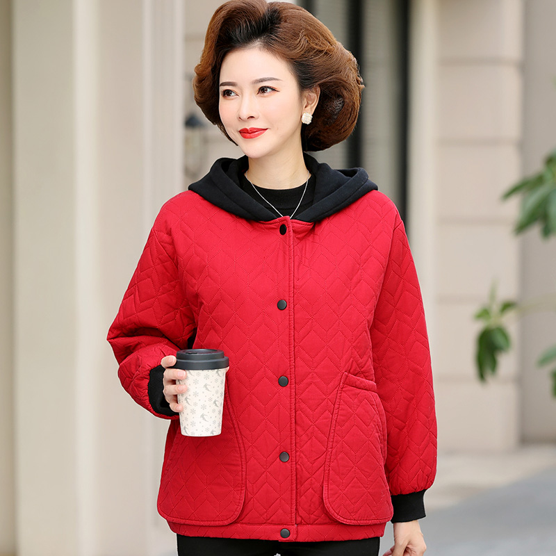 恒源祥中年妈妈秋冬装连帽外套2024新款加绒加厚棉衣中老年女棉袄 XXXL建议125-140斤 红色