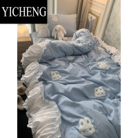 YICHENG毛巾绣兔子四件套可爱卡通水洗棉床单床上被套三件套少女心公主风