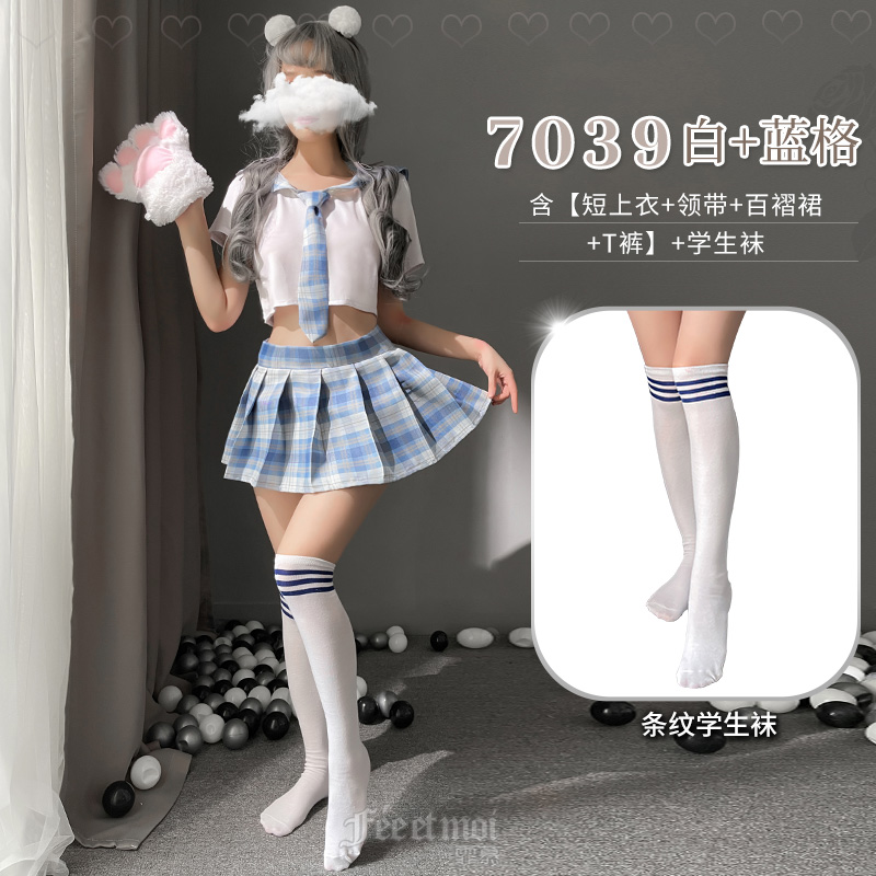 霏慕(Fee et moi)女式情趣睡衣 性感透明透视情趣内衣校园JK制服日系格子学生装7039 蓝格【短上衣+领带+百褶裙+T裤】7039+长筒袜