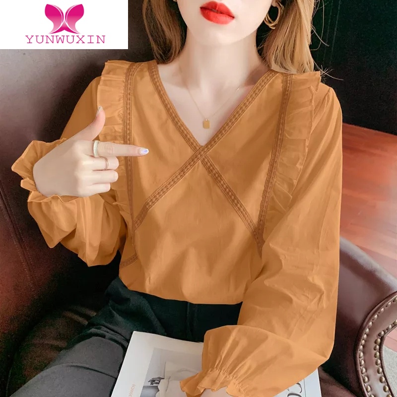 YUNWUXIN复古港味衬衫女设计感小众2022秋新款宽松洋气V领荷叶边拼接上衣