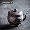 宜兴中式紫砂盖杯主人杯男士茶杯带盖家用泡茶杯单个喝茶杯水杯 双龙小盖杯180毫升 黑