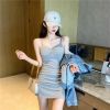 吊带连衣裙女夏2020新款修身收腰褶皱显瘦内搭气质抹胸包臀吊带裙 浅灰色 S [S码94斤以下]