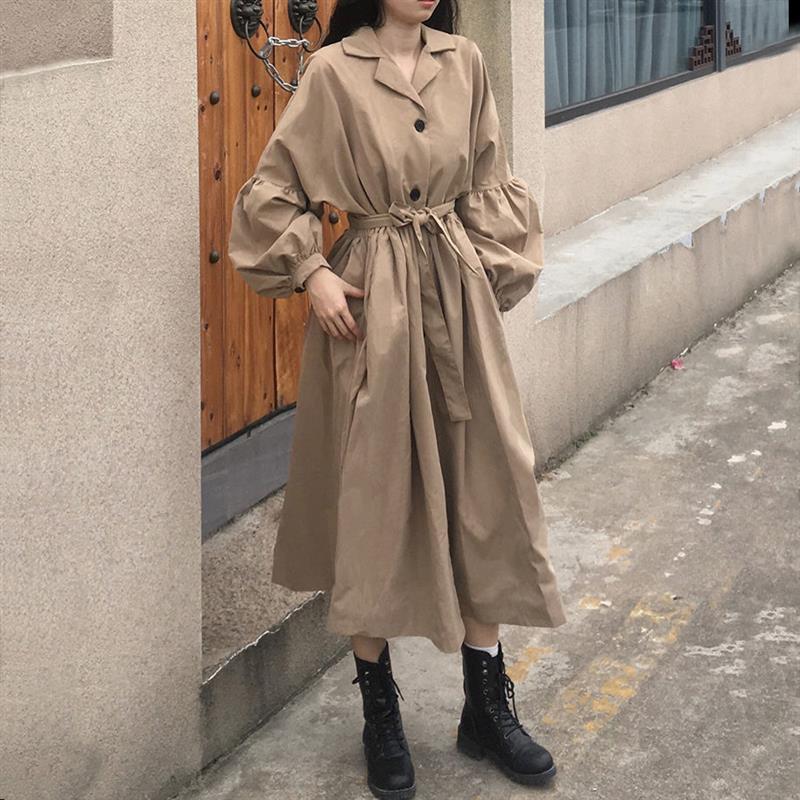 2021年新款秋季中长款风衣小个子抽绳工装外套女卡其色大衣潮