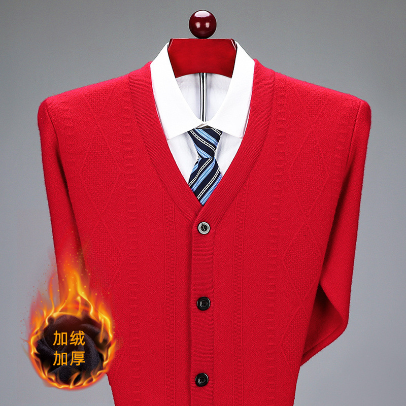 秋冬中年男士保暖加绒加厚外套北方大红长袖纯色提花加绒羊毛开衫_1_140
