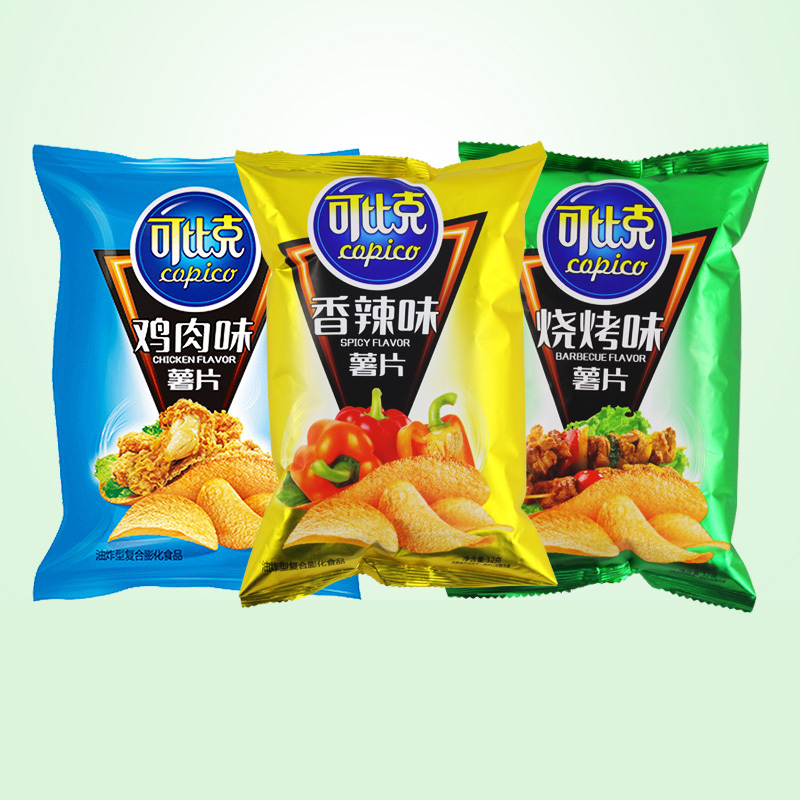 可比克薯片32g3包香辣味烧烤味鸡肉味薯片膨化零食小吃休闲食品视频