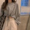 春季韩版宽松高腰短款长袖白色上衣女t恤学生潮ins露脐秋衣外穿潮