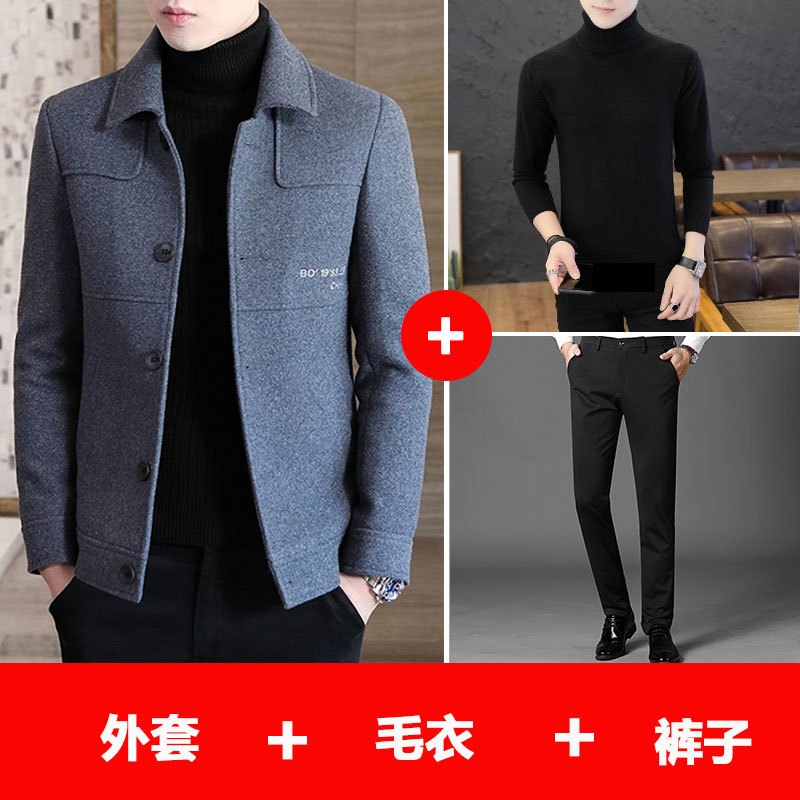 new lake男士外套成熟稳重双面尼男夹克帅气百搭加绒加厚秋冬短款毛呢