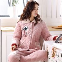 波迷娜(BOMINA)冬季珊瑚绒夹棉睡衣女三层加厚棉袄保暖女士服套装 2619 XXL