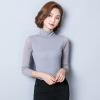 2021春秋新款长袖高领网纱打底衫女弹力修身内搭大码蕾丝上衣t恤 灰色 XL