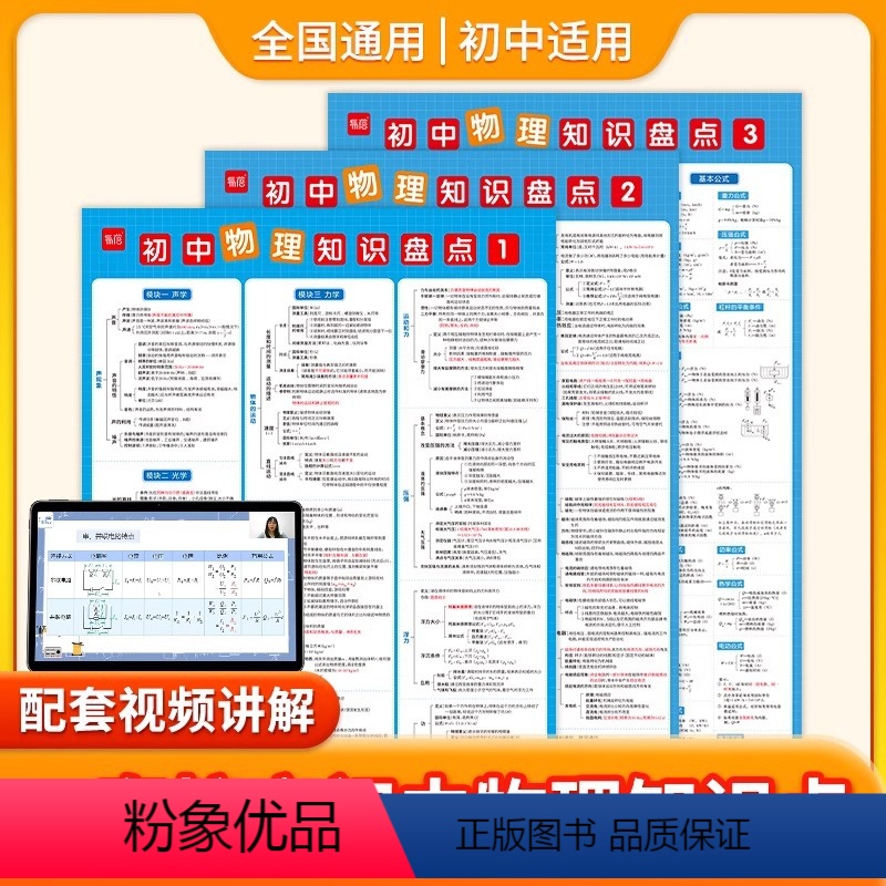 初中物理知识盘点挂图(3张) 初中通用 [正版]初中物理知识盘点挂图公式大全知识点汇总海报物理公式实验墙画七八九年级