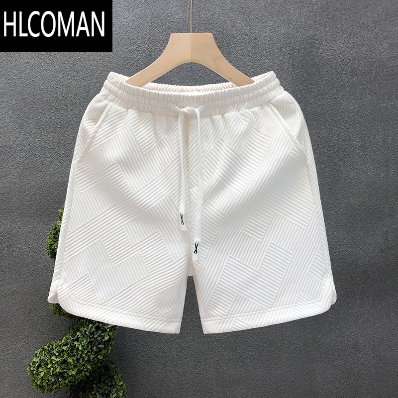 HLCOMAN设计感菱形花纹白色短裤男潮牌帅气五分裤男士夏季居家外穿半截裤