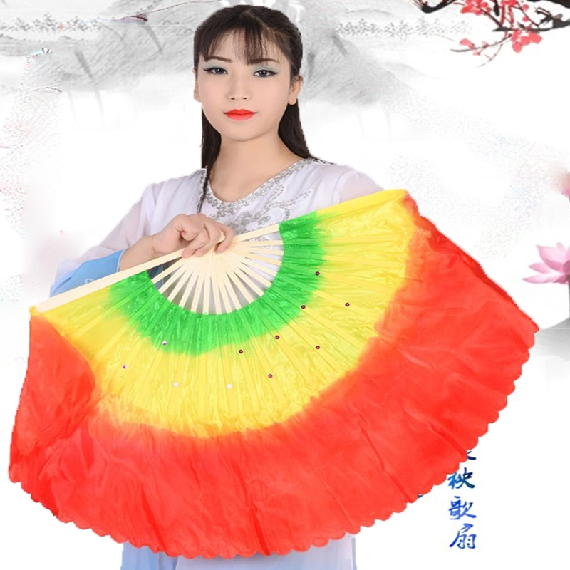 法耐(FANAI)扇子舞蹈扇广场舞东北大秧歌双面18骨三色渐变广场跳舞扇一对_18骨31飘20蓝黄大红左右手一对
