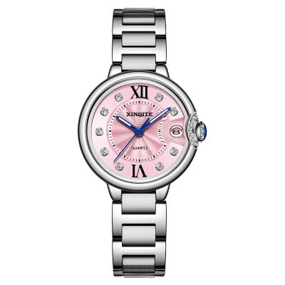 新奇特手表女生镶钻ins风小众女士手表防水时尚装饰腕表石英表钢带新款轻奢小表盘大气女表X-79 白钢粉面