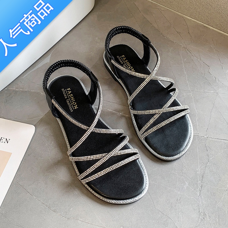 SUNTEK牛筋软底水钻凉鞋女夏仙女风2023年新款时尚百搭配裙子时装罗马鞋