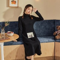 [2.5折价79元]唐狮高领长袖黑色针织连衣裙女中长款秋冬季新款打底毛衣裙