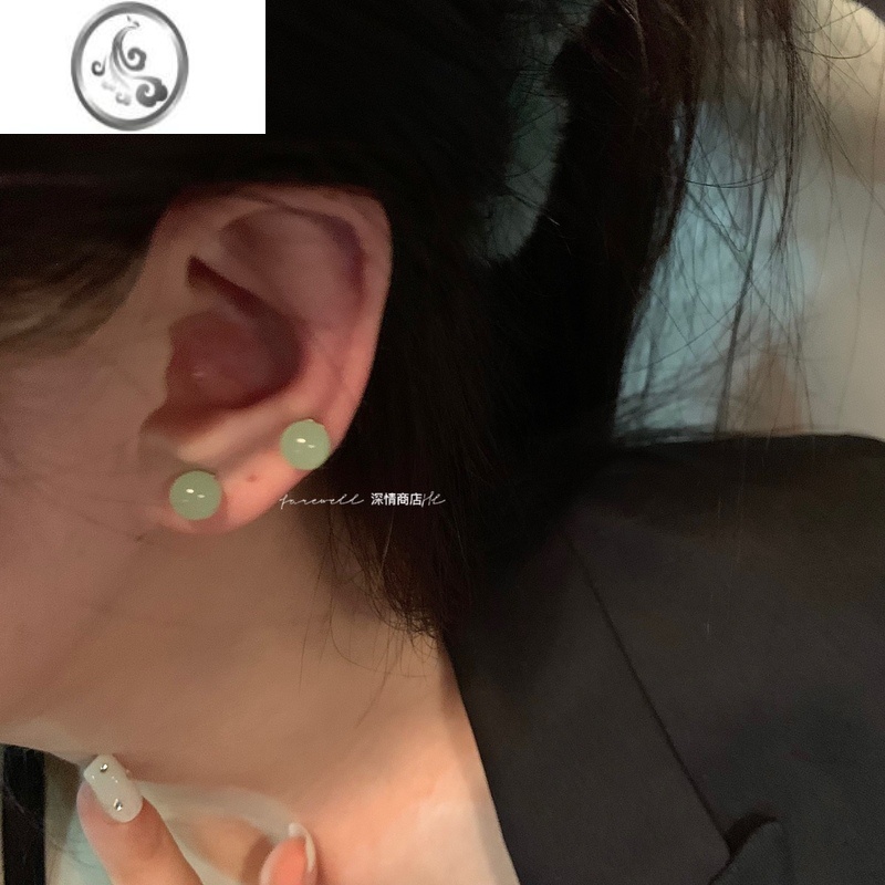 JiMi新中式~淡绿色 睡觉不用摘的耳钉女银银耳饰网红2022耳环小众 蛋白绿珠耳钉