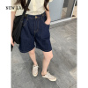 NEW LAKE深蓝色牛仔五分短裤女春秋大码胖妹妹显瘦显高百搭阔腿高腰A字裤