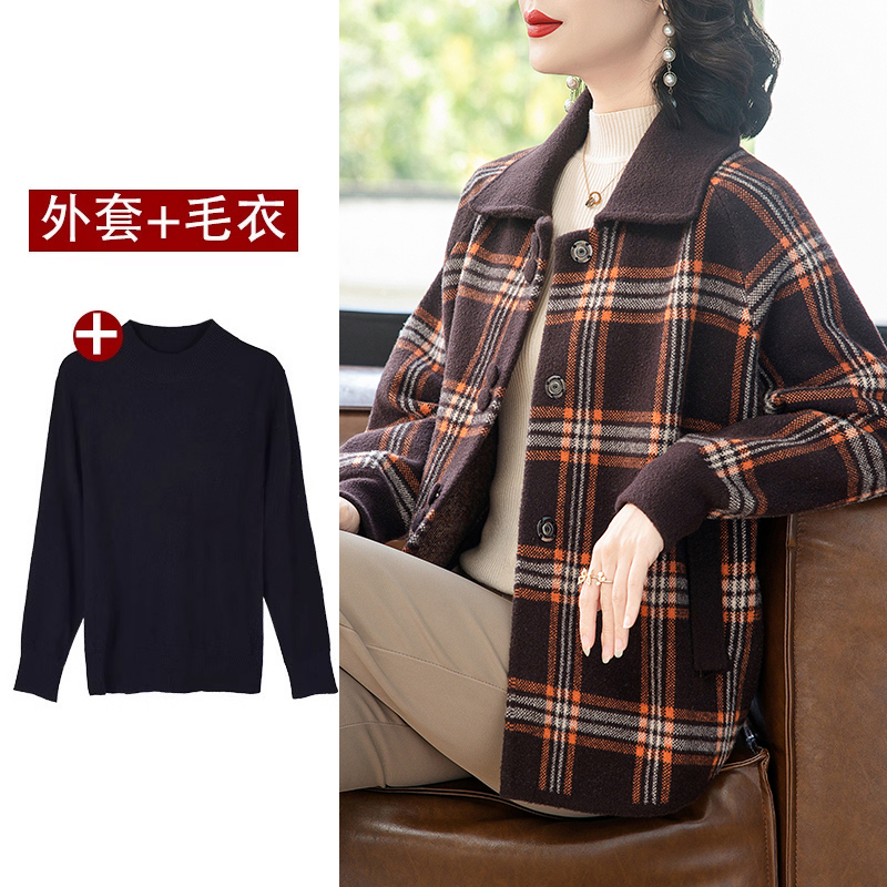 恒源祥妈妈秋装羊毛呢格子外套2024新款中老年妇女装秋冬洋气上衣 3XL建议135-145斤 咖橘色外套+毛衣