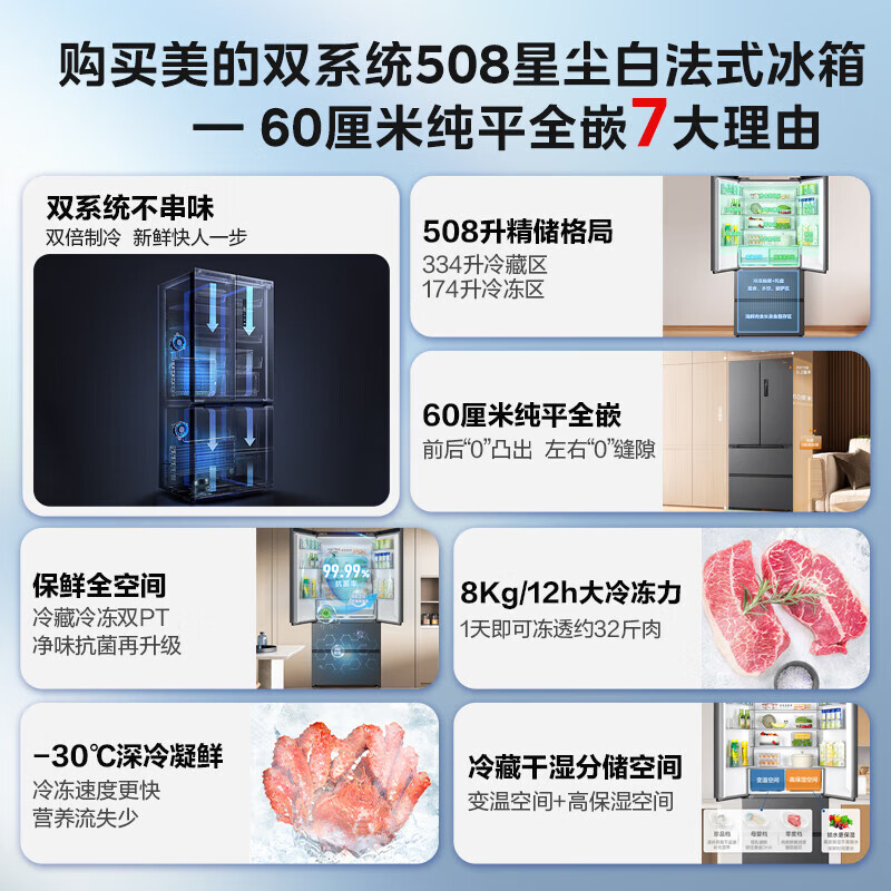 美的真香系列M60双系统508法式多门四门家用冰箱超薄平嵌双循环大容量底部散热BCD-508WUFPZM(E)星尘砂