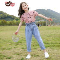 绿彩虹光女童裤子夏装套装2022年新款洋气儿童中大童牛仔背带裤薄款春夏季