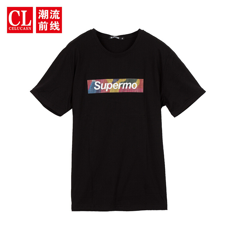 潮流前线2020夏季新款彩色字母印花短袖t恤韩版圆领休闲短袖衫男黑色