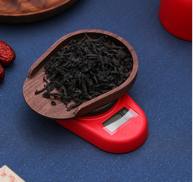 迷你茶叶克数称量器电子秤家用精准小型天平称专用计量厨房秤便携|计时红色称+胡桃木托盘