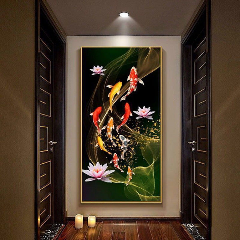 弗星新中式入户玄关装饰画走廊过道挂画壁画竖版九鱼轻奢晶瓷壁饰国画