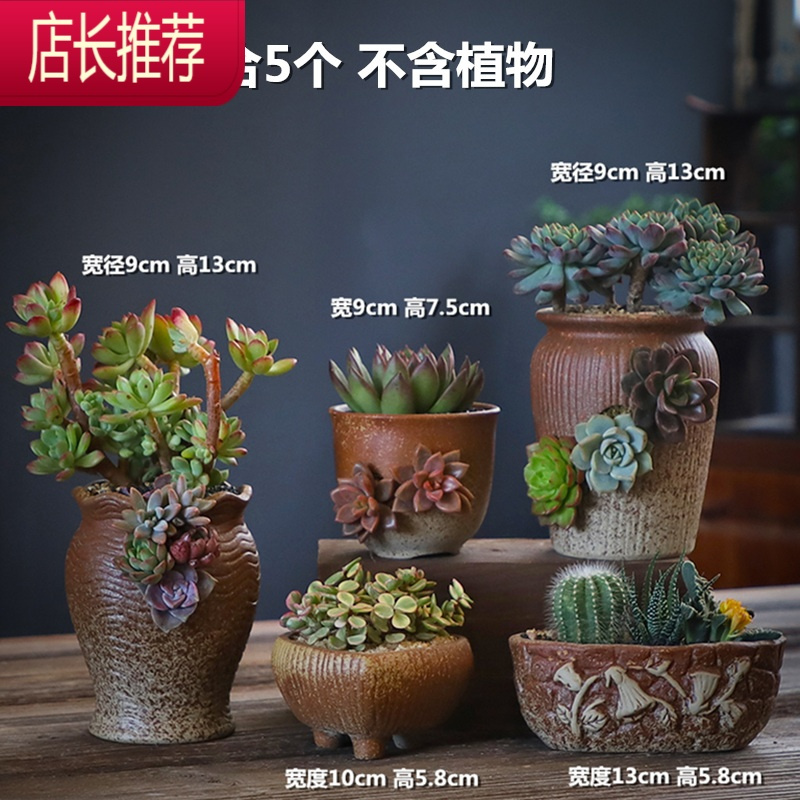 多肉花盆组合陶瓷粗陶透气老桩创意多肉植物复古陶瓷室内大号简约