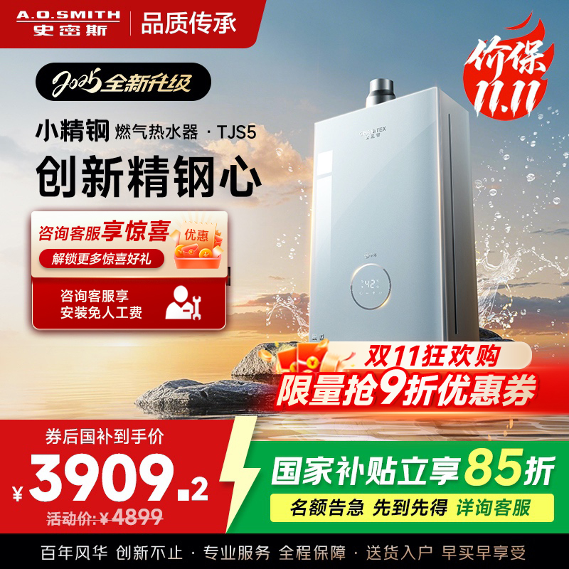 史密斯佳尼特[小精钢TJS5]16升增压零冷水燃气热水器 国家补贴 JSQ31-TJS5 安全守护 持久恒温 新品