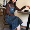 学院风刺绣小花中长裙女春2021夏季减龄可爱宽松百搭牛仔背带裙潮 深蓝色 S