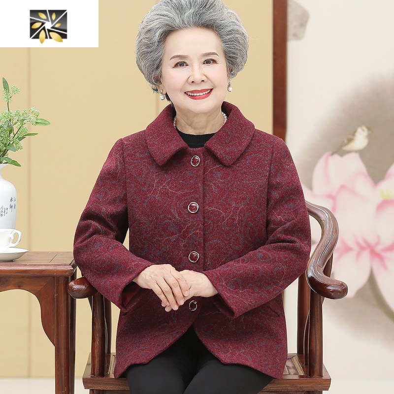 暖青汇宽松大码奶奶春秋冬装毛呢外套新款中老年女装老太太衣服妈妈