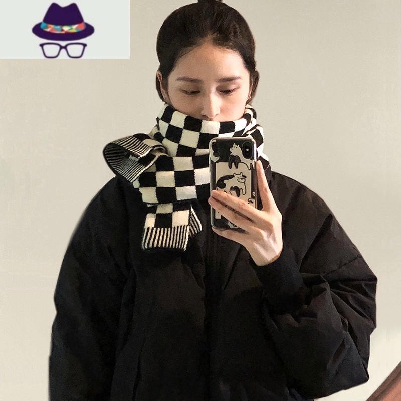 韩版ins棋盘格子围巾女秋冬针织2021年新款学生百搭围脖保暖披肩 FISH BASKET