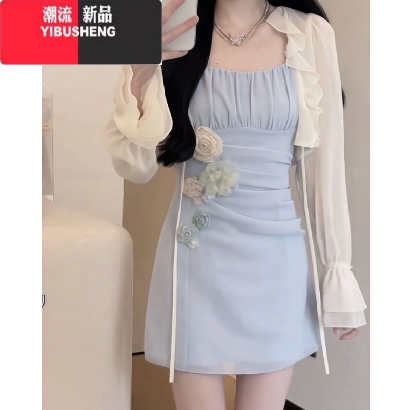 YIBUSHENG松本纯欲甜美短裙季收腰显瘦重工花花简约风皱褶吊带连衣裙丧丧