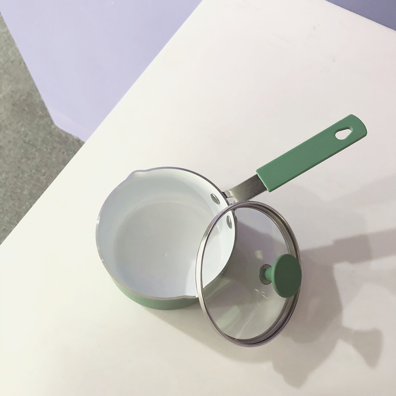 莫兰迪12cm麦饭石不粘小奶锅 马卡龙糖水锅 儿童锅 辅食锅 煎蛋锅|森林绿+陶瓷无盖12cm奶锅