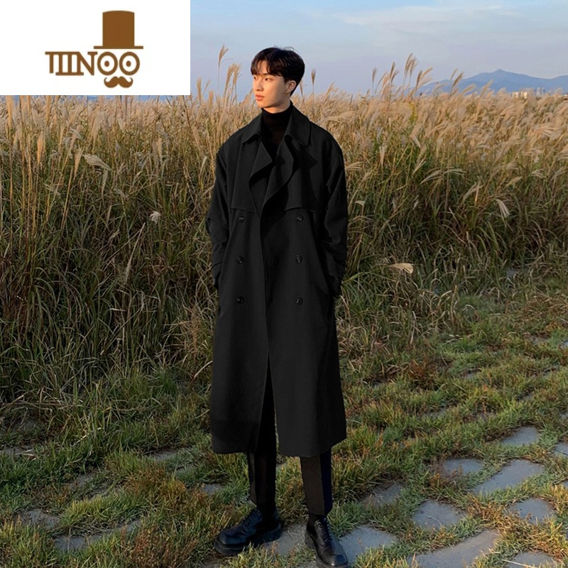 YANXU风衣男款中长款休闲外套韩版潮流过膝英伦风大衣男款宽松战壕 黑色 3XL180-210斤