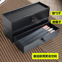 日式加厚抽屉筷子盒多功能烘焙精灵仿木盒饭店自助餐厅筷子盒筷笼商用 大号双层筷子+勺子盒(黑色)