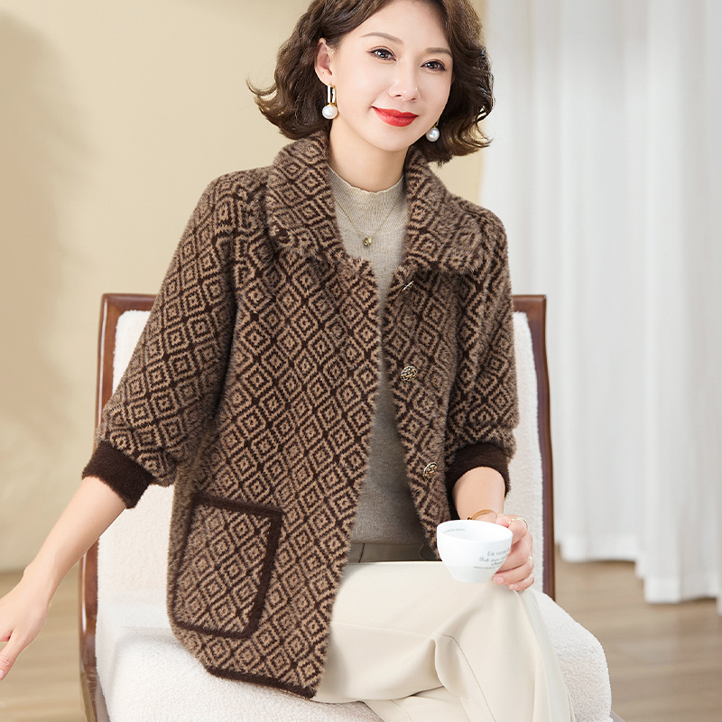 恒源祥妈妈秋装水貂绒外套2024新款秋冬开衫中老年女装短款呢大衣 3XL建议140-155斤 咖色