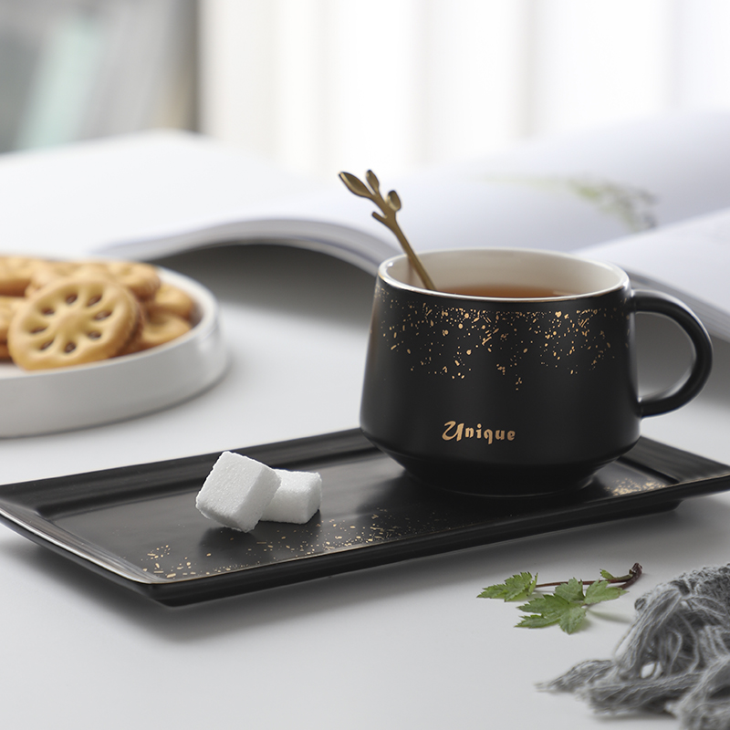 欧式小奢华陶瓷咖啡杯碟套装网红家用ins风轻奢小精致的马克杯子|黑色描金满天星(送勺子)+碟子