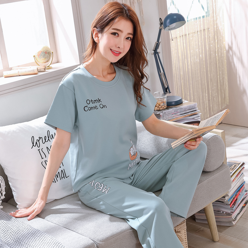 短袖长裤睡衣女夏季薄款两件套装纯棉可爱春秋款可外穿家居服夏天