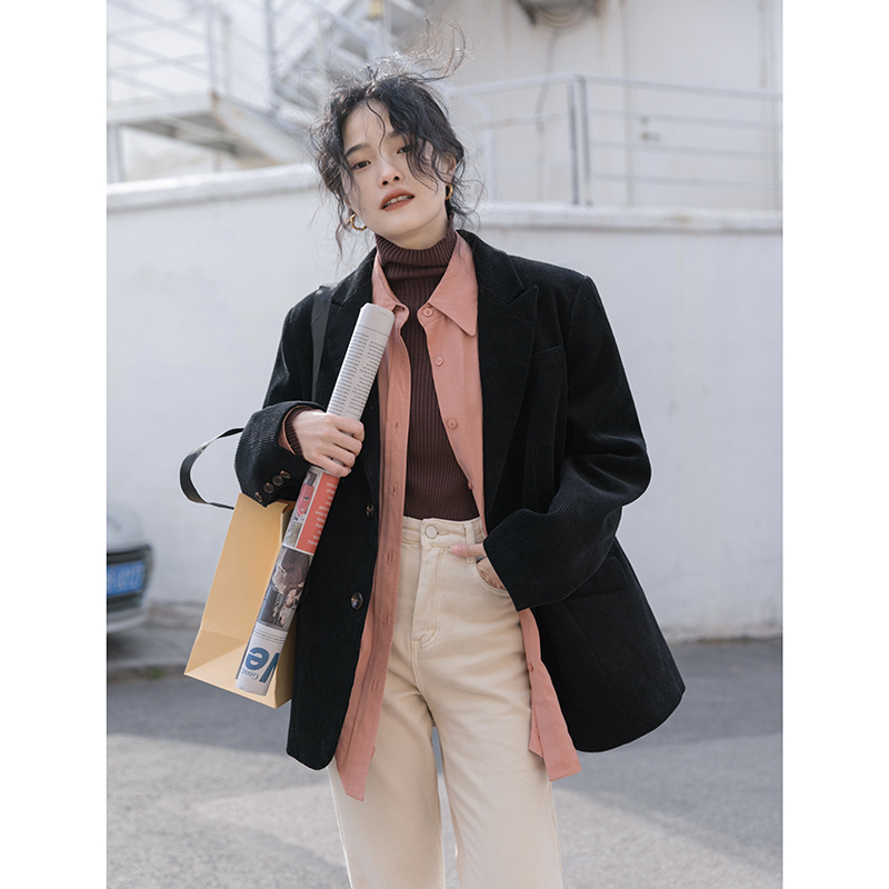 suntek觅定灯芯绒西装外套女秋冬休闲加厚夹棉网红西服韩版复古高级感