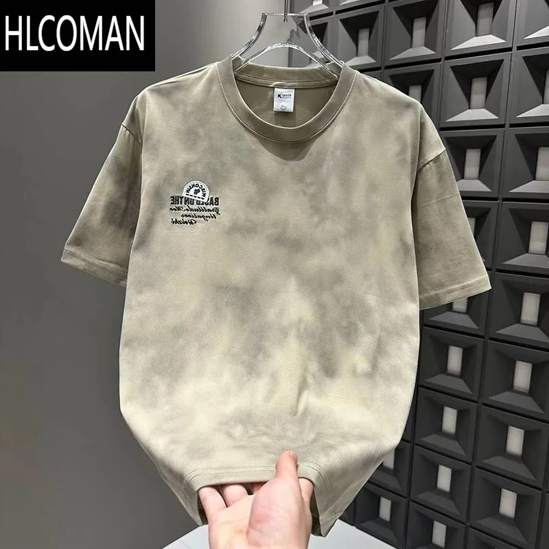 HLCOMAN2025夏季新款男士字母刺绣短袖T恤潮流设计感晕染青年半截袖上衣