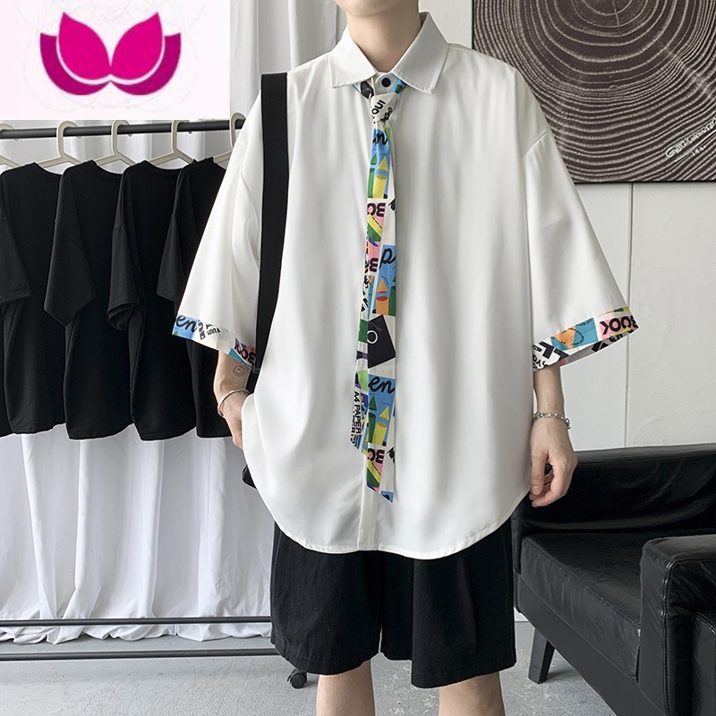 七斓薄荷绿领带衬衫男七分袖夏季薄款冰丝外套设计感小众潮牌短袖衬衣