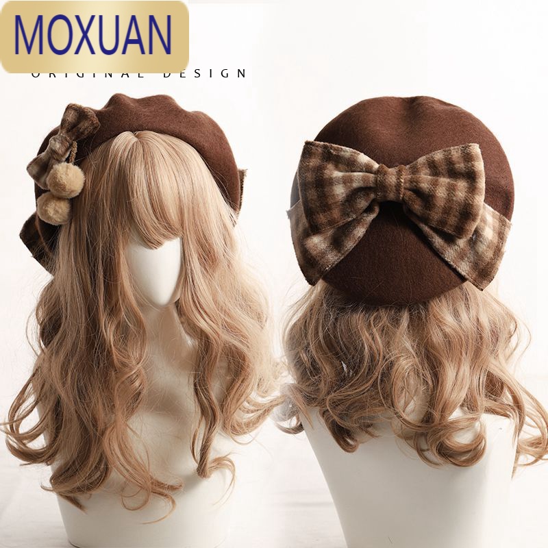 MOXUAN日系贝雷帽2022年新款英伦时尚复古大蝴蝶结格子画家帽子女冬可爱