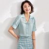 欧昵雪夏季绣花翻领显瘦天丝衬衫女泡泡袖甜美小衫上衣
