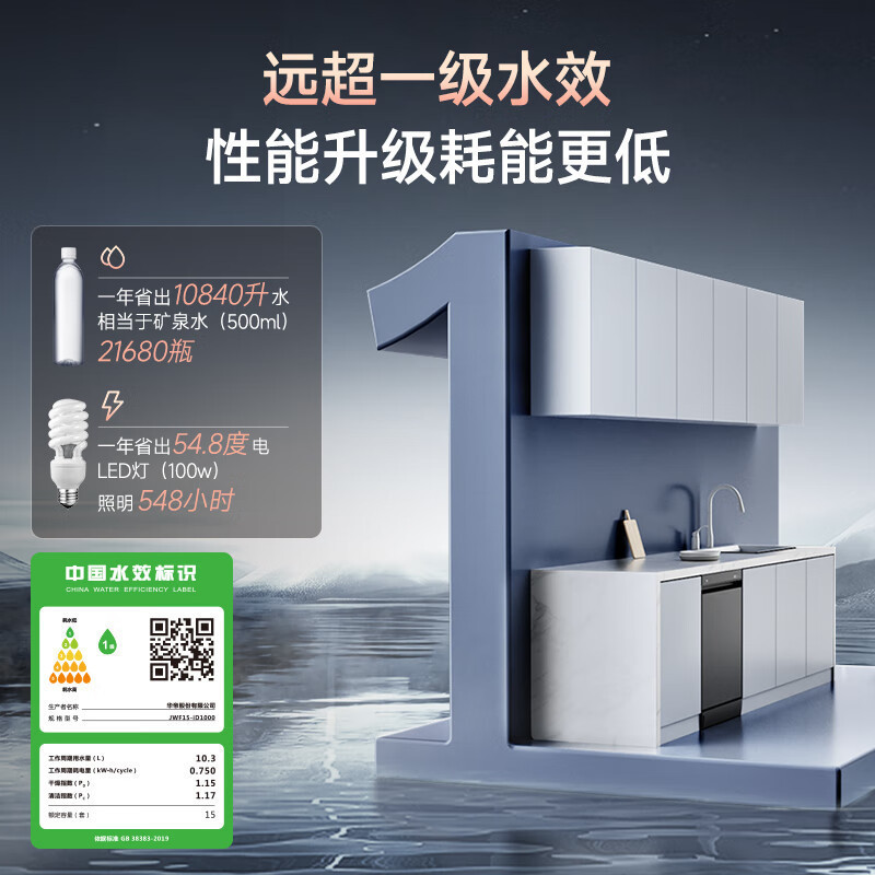华帝(vatti)变频洗碗机iD1000 15套嵌入式洗消一体 105℃热风烘干+5万帕高水压全域洗家用杀菌一级水效