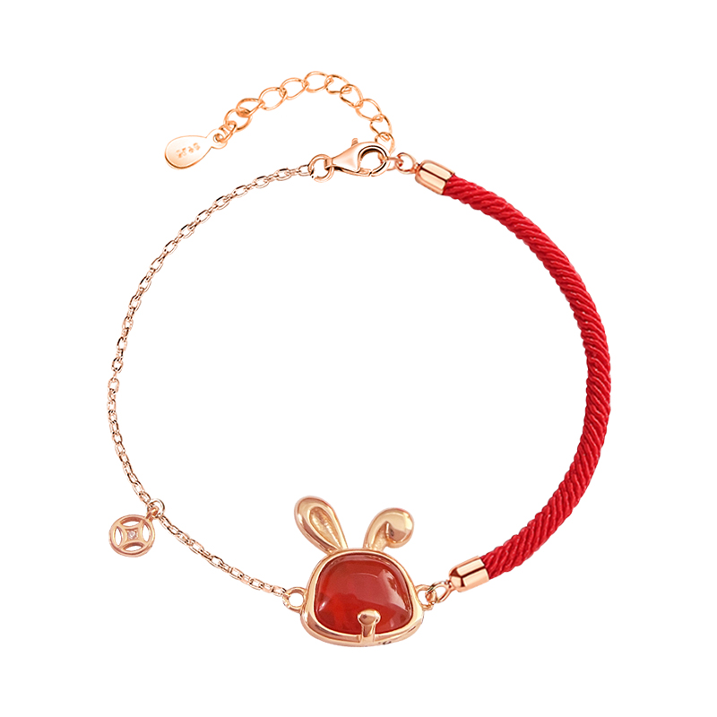 钱兔无量红玛瑙兔子招财红绳手链女手饰铜钱生肖本命年礼物送女朋友老婆情人节七夕生日礼物